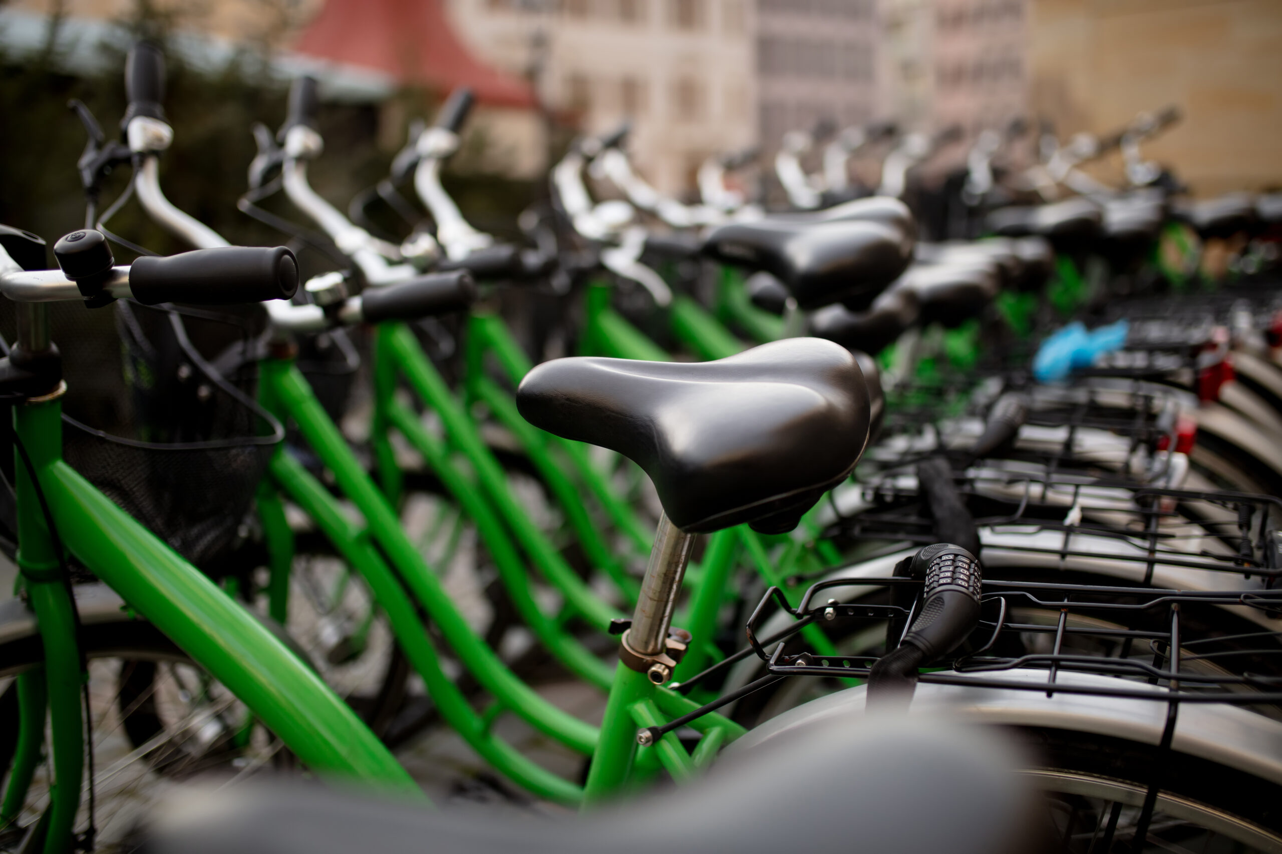 Side view on city bikes in Dresden, Germany