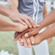 Hands, teamwork or fitness friends with support for motivation, collaboration or team building for .